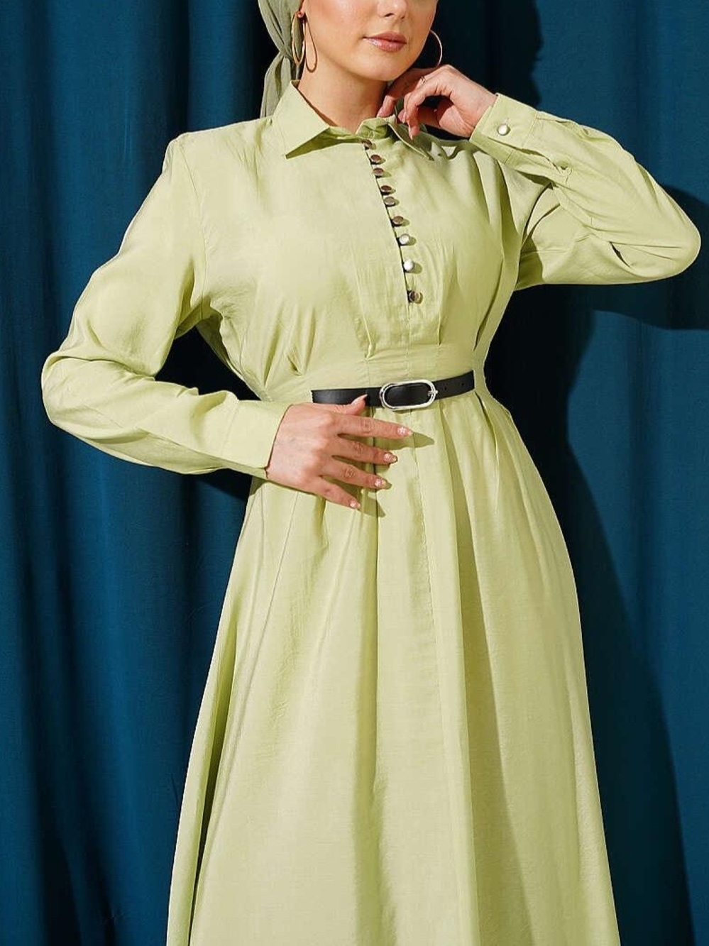 Modest Dress- Button-Down Belted Maxi Dress Pistachio Size M - Picture 2 of 7